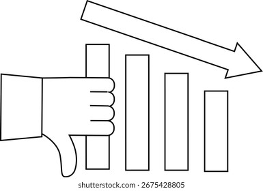 dislike icon and down graph icon with white background.with black lines