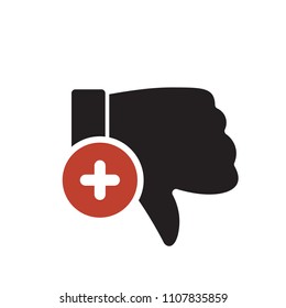 Dislike icon, gestures icon with add sign. Dislike icon and new, plus, positive symbol. Vector illustration