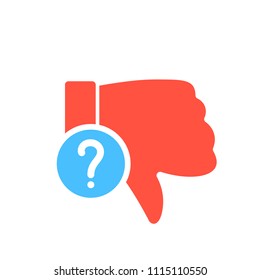 Dislike icon, gestures icon with question mark. Dislike icon and help, how to, info, query symbol. Vector illustration