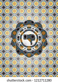 dislike icon inside arabic style badge. Arabesque decoration.
