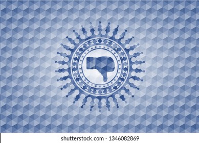 dislike icon inside blue badge with geometric pattern.