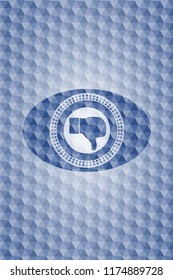 dislike icon inside blue emblem or badge with abstract geometric polygonal pattern background.