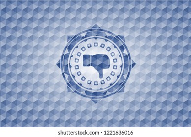dislike icon inside blue emblem or badge with abstract geometric polygonal pattern background.