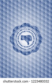 dislike icon inside blue emblem or badge with geometric pattern background.