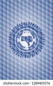 dislike icon inside blue emblem or badge with abstract geometric polygonal pattern background.