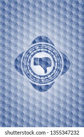 dislike icon inside blue emblem or badge with abstract geometric polygonal pattern background.