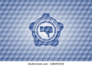 dislike icon inside blue emblem with geometric background.