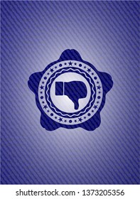 dislike icon inside emblem with denim texture