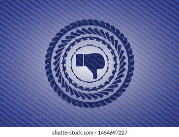 dislike icon inside emblem with denim texture