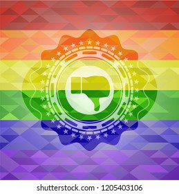 dislike icon inside emblem on mosaic background with the colors of the LGBT flag