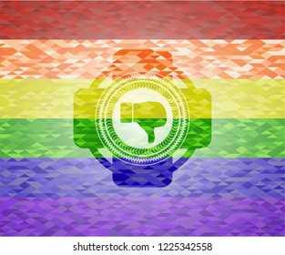 dislike icon inside emblem on mosaic background with the colors of the LGBT flag