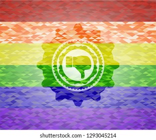 dislike icon inside emblem on mosaic background with the colors of the LGBT flag