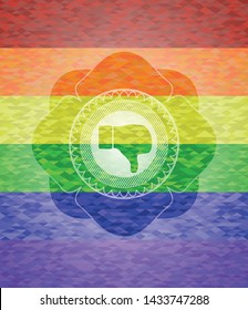 dislike icon inside emblem on mosaic background with the colors of the LGBT flag
