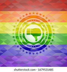 dislike icon inside emblem on mosaic background with the colors of the LGBT flag