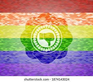 dislike icon inside emblem on mosaic background with the colors of the LGBT flag. 