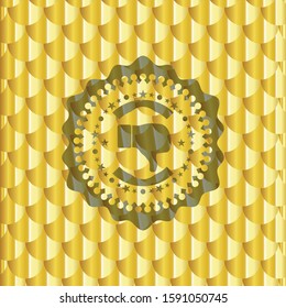 dislike icon inside gold shiny emblem. Scales pattern. Vector Illustration. Detailed.