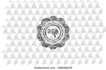 dislike icon inside grey badge with geometric cube white background