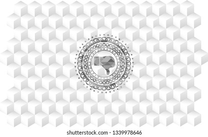 dislike icon inside grey badge with geometric cube white background