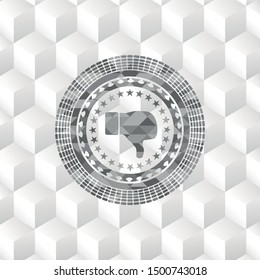 dislike icon inside grey badge with geometric cube white background