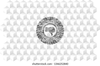 dislike icon inside grey emblem with cube white background