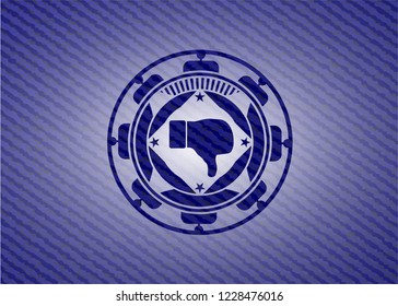 dislike icon inside jean or denim emblem or badge background