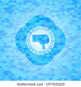 dislike icon inside light blue emblem. Mosaic background
