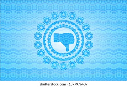 dislike icon inside light blue water wave emblem background.