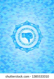 dislike icon inside light blue emblem. Mosaic background