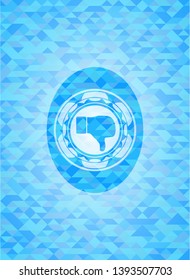 dislike icon inside light blue emblem. Mosaic background