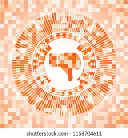 dislike icon inside orange tile background illustration. Square geometric mosaic seamless pattern with emblem inside.