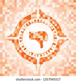 dislike icon inside orange tile background illustration. Square geometric mosaic seamless pattern with emblem inside.