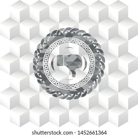 dislike icon inside realistic grey emblem with cube white background