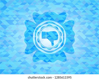 dislike icon inside realistic light blue mosaic emblem