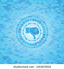 dislike icon inside realistic light blue emblem. Mosaic background