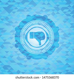 dislike icon inside realistic light blue emblem. Mosaic background