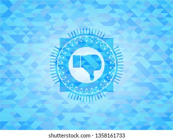 dislike icon inside realistic sky blue emblem. Mosaic background