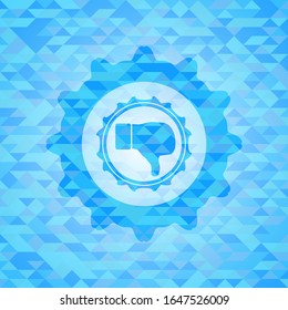 dislike icon inside realistic sky blue emblem. Mosaic background