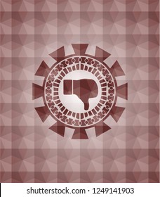 dislike icon inside red emblem or badge with geometric pattern background. Seamless.