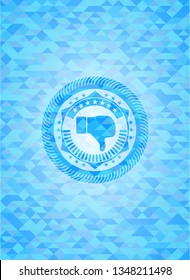 dislike icon inside sky blue emblem with triangle mosaic background