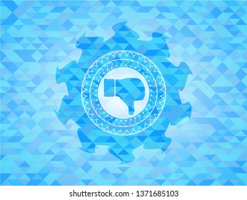 dislike icon inside sky blue emblem with mosaic background