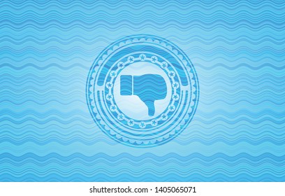 dislike icon inside sky blue water wave emblem.