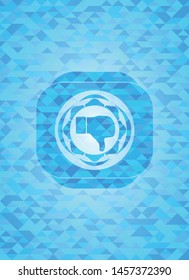 dislike icon inside sky blue emblem with mosaic background