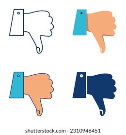 Dislike icon set in flat and line style. Hand with thumb down, voting symbol. Vector illustration.