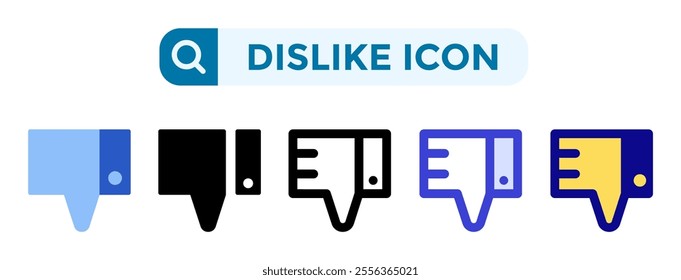 Dislike icons in 5 different vector illustration styles. Settings icons in flat, solid, line, blue and color styles. Vector illustrations can be used for web, mobile, ui