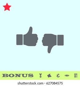 Dislike like icon flat. Grey pictogram on blue background. Vector illustration symbol and bonus buttons medal, cow, earth, eye, calculator