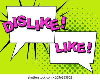 Dislike and like. Thumbs up and down, dislike icons for social network. Vector illustration.Comic Vector cartoon illustration explosions. Comics Boom. Comics speech bubble bang. Pop-art
