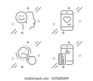 Dislike, Love chat and Good mood line icons set. Contactless payment sign. Negative feedback, Smartphone, Positive thinking. Phone money. Technology set. Line dislike outline icon. Vector