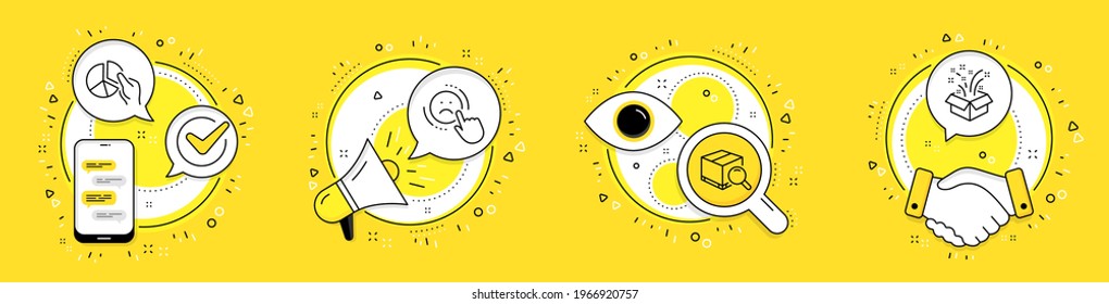 Dislike, Pie chart and Search package line icons set. Cell phone, megaphone and deal vector icons. Gift sign. Negative feedback, Presentation graph, Tracking service. New year. Business set. Vector