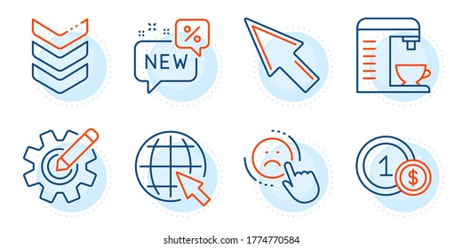 Dislike, Shoulder strap and New signs. Usd coins, Cogwheel and Coffee machine line icons set. Internet, Mouse cursor symbols. Cash payment, Edit settings. Business set. Outline icons set. Vector