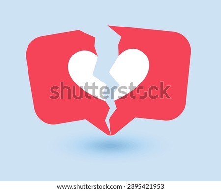 Dislike sign with broken heart, social media like icon with crack, antipathy symbol, vector